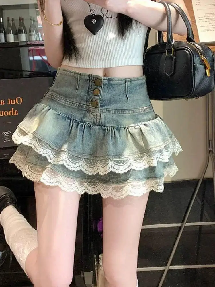 

Vintage Women Blue Denim Patchwork Lace Sexy Mini Pleated Skirt Summer High Waist Festival Party A-line Short Jean Skirt Popular