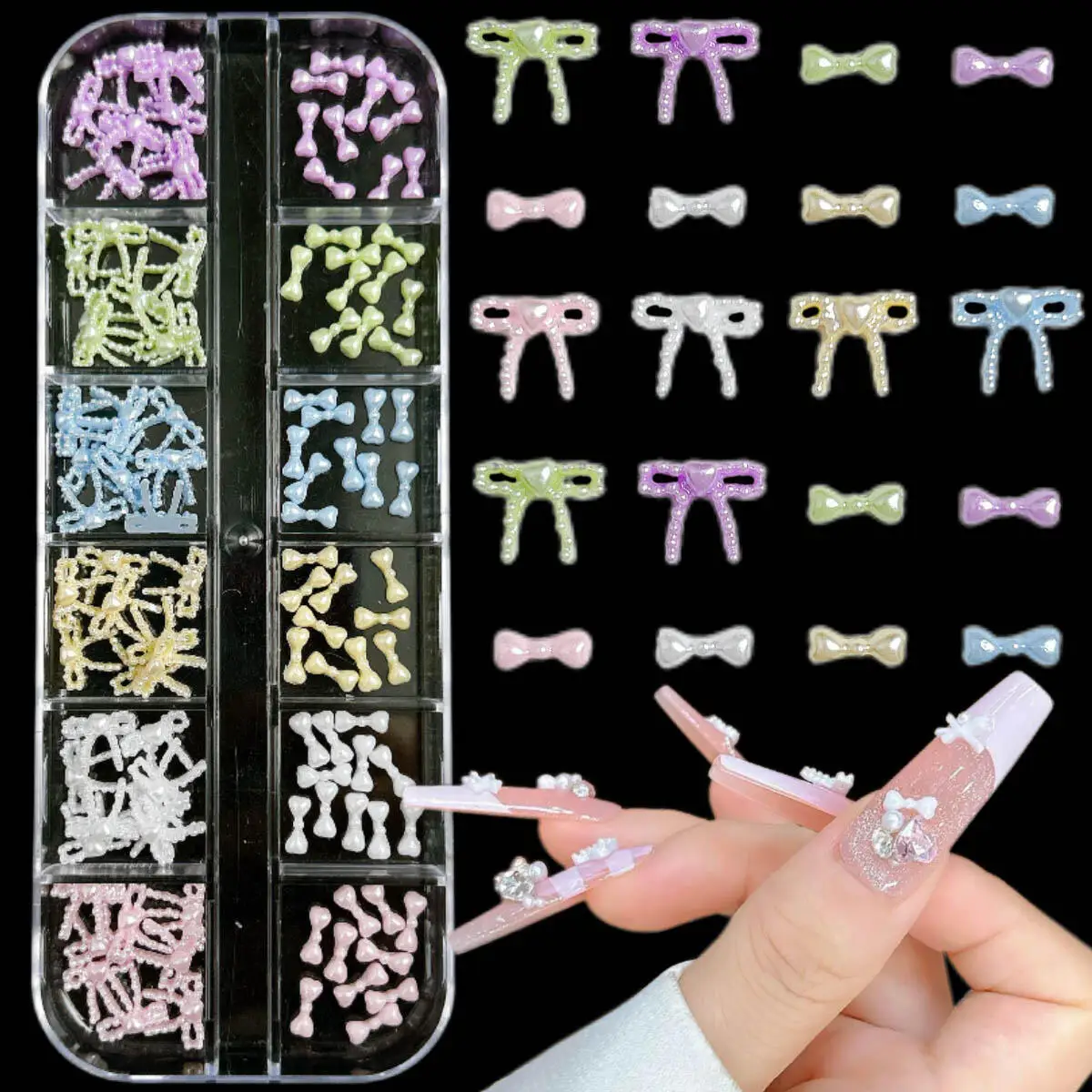 1 caixa doce brilhante 6 cores laço resina decorações da arte do prego adorável mini laços arcos encantos do prego para diy ornamentos de unhas de fadas