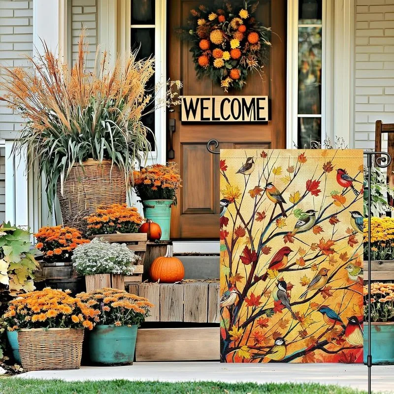 1Pc Ktka Louise Maelys Welcome Fall Garden Flag Double Sided, Small Burlap Autumn Maple Tree Birds Thanksgiving Outside Outdoor