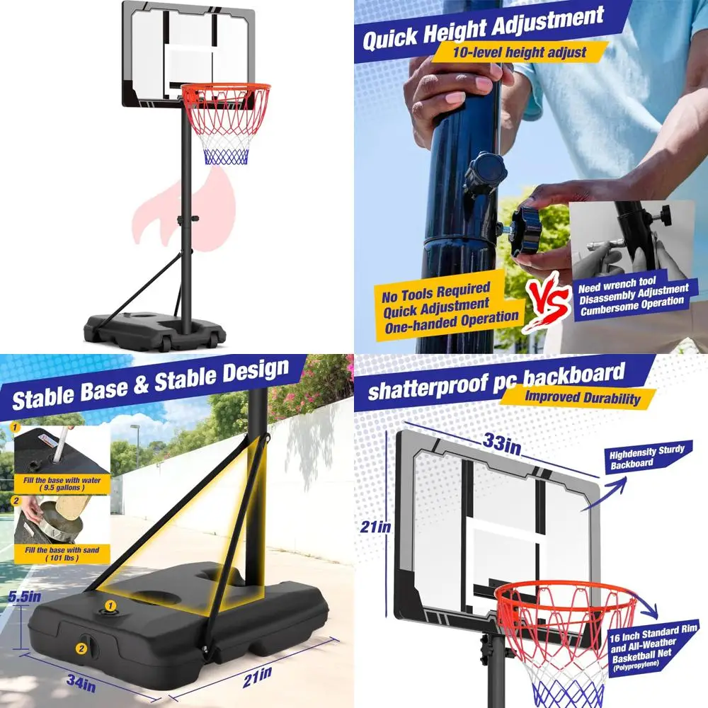 

Portable Adjustable Outdoor Basketball Hoop 4.0-10ft with 33-44 Inch Shatterproof Backboard for Kids and Families