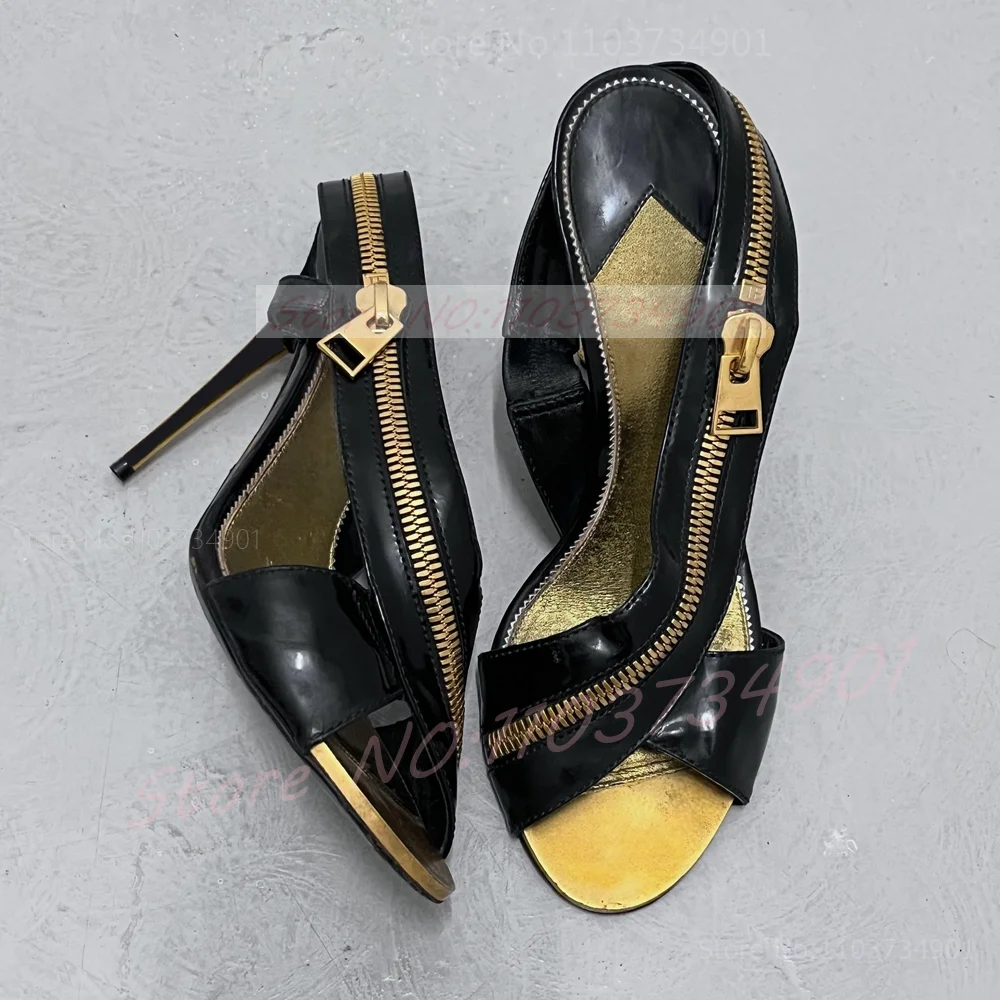 Gold Sling Back Sandals With Wrap Around Zipper Women Luxury Open Toe High Heels Shoes Dress Runway Party Sandals