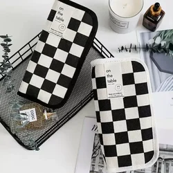 Kawaii checkerboardペンシルケース、大容量キャンバスポーチ、学生、文房具用品、ファッション用のランドセルに戻る