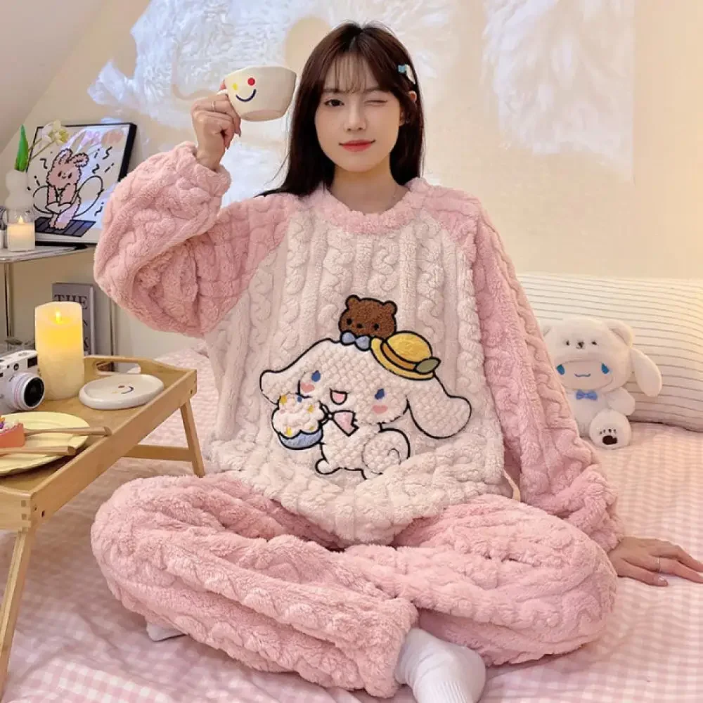 Cartoon Kuromi Kawaii Women Plush Pajamas Set Sanrio Anime Cinnamoroll Coral Fleece Homewear Thicken Girls Nightgown Tops Pants