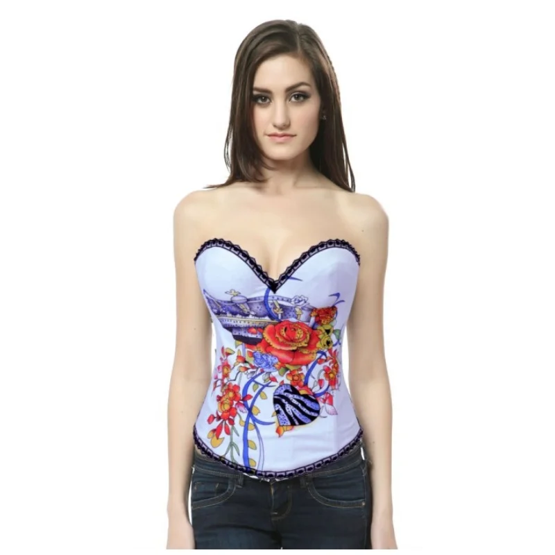 

sexy white corset overbust rhinestone corset with red and blue floral print