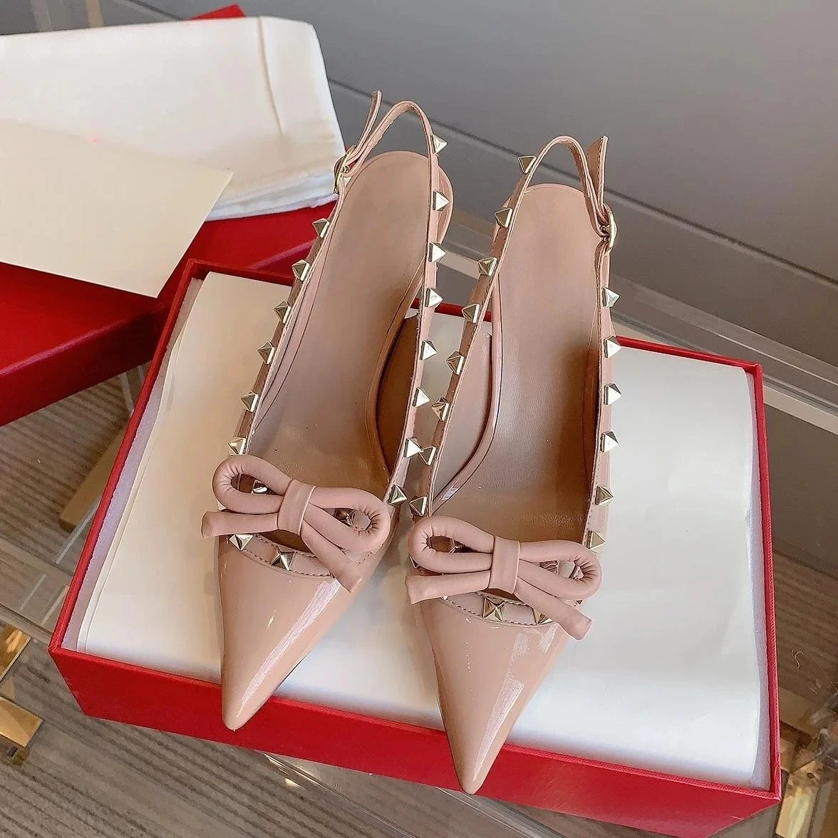 JP GPBD Newest Summer Genuine Leather Pointed-Toe High Heel Slingback Woman Sandals Rivet Decora Stiletto Ladies Pumps