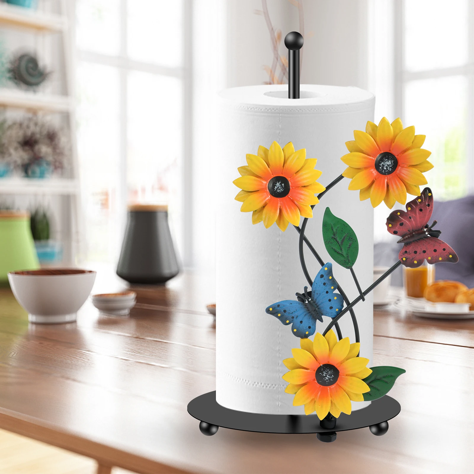 Metal Paper Towel Holder Sunflower Towel Stand Decorative Standing Paper Towel Holer Ornamentfor Kitchen Countertop Garden Yard