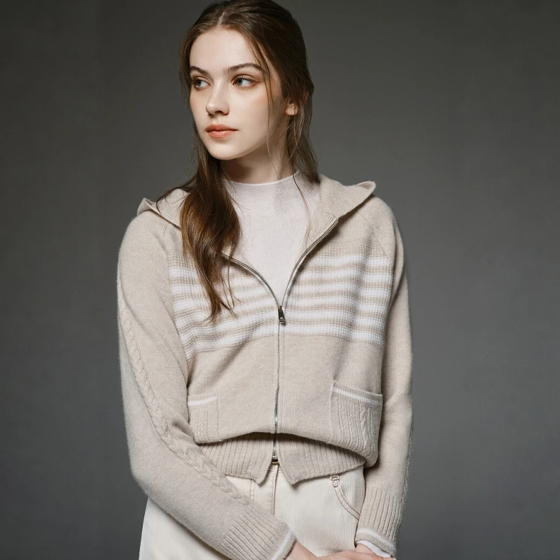 

Casual Classic Striped Hooded Wool Knitted Cardigan Jaet Top Women's ort Length Zipper Closure Open Front Sle Autumn Wear