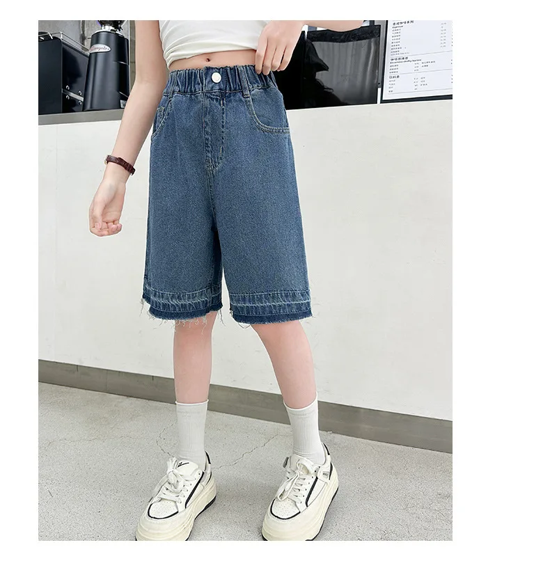 Children's Summer Denim Five-point Pants Big Kids Knee-Length Shorts with Edge Design for Teens Girl Fashion Short Jeans 4-14Yrs