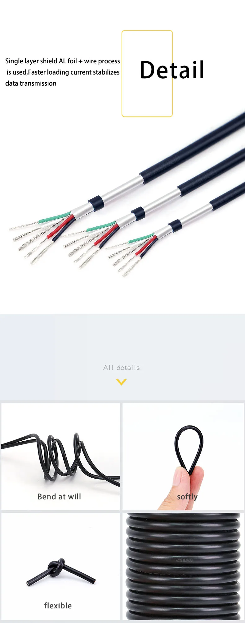 Ul2725 كابل محمية ، 20awg ، 2core ، 28awg ، 2core ، ot5.0 mm ، موصل بيانات usb