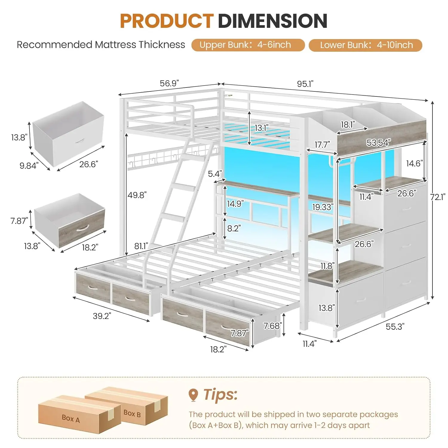 Triple Bunk Bed with 8 Storage Drawers,Charging Station and LED Lights Full Over Twin Bunk Beds with Storage Headboard