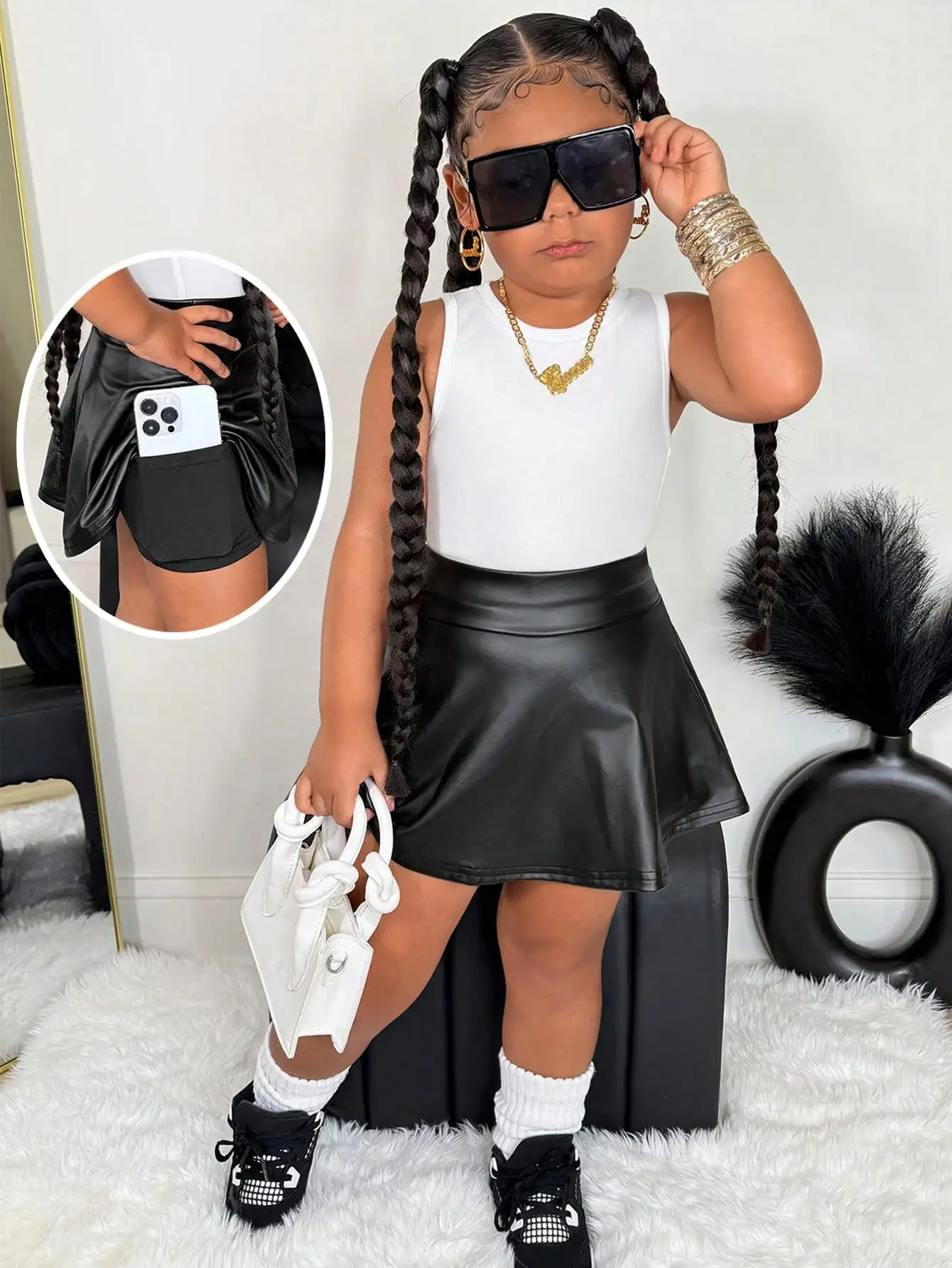 

Black Faux Leather Skort with Built-in Shorts and Side Pocket