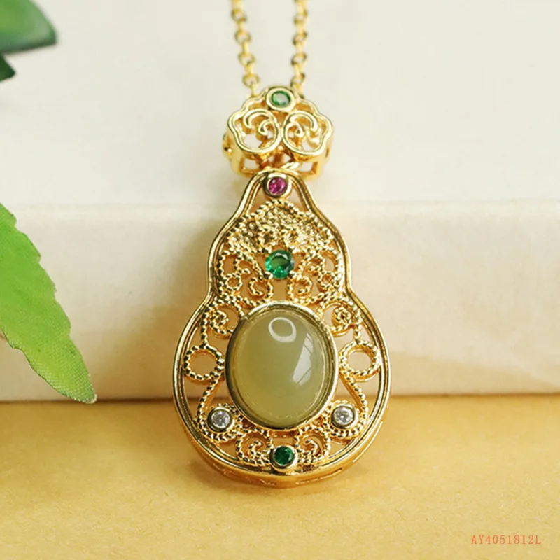 Natural Hetian jade pendant jade gourd necklace ethnic style