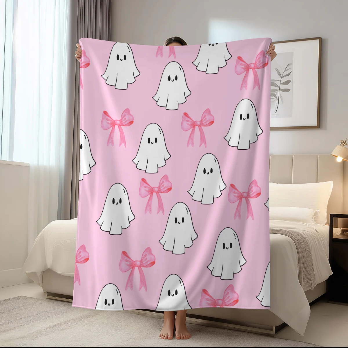 1 Stück rosa süße Schleife süße Geister-Flanelldecke weich und bequem Nickerchenumschlag kleine Decke Mehrzweckdecke