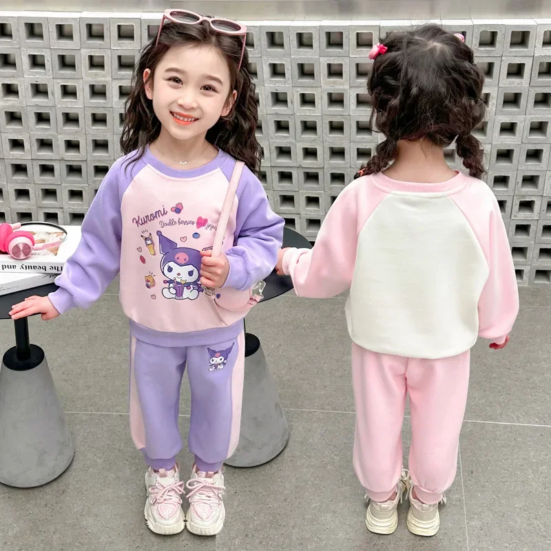 Kuromi อะนิเมะ Kawaii Sanrio INS พิมพ์เด็กเสื้อสเวตเตอร์ลำลองกางเกงชุดน่ารัก My Melody แฟชั่นเสื้อผ้ามีฮู้ดของขวัญของเล่น