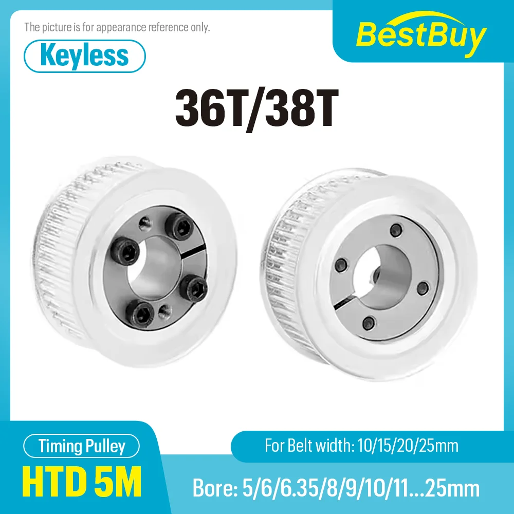 

HTD 5M 36T/38Teeth Timing Pulley Keyless Bushing Bore 5/6/6.35/8/9/10/11/12/14/15-28mm for Belt Width 10/15/20/25mm