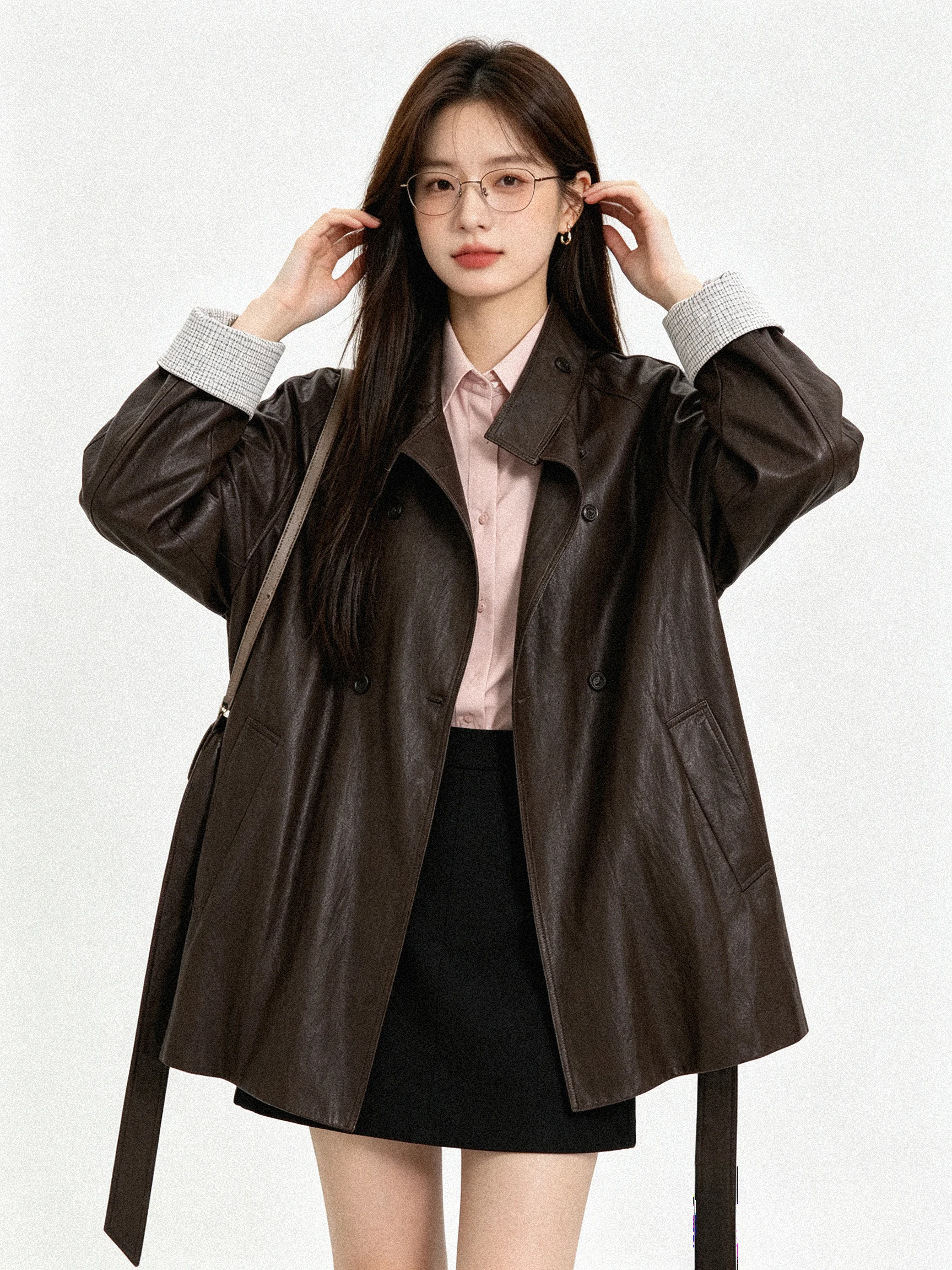 Retro Early Autumn High-End Feel Stand Collar Double Buttoned Leather Jacket Plaid Splicing Korean Style Slimming Mid-Length ...