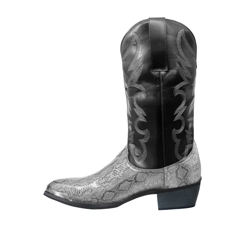 Pointed Toe Embroidered Mid-Calf Boots Snake Print Western Cowboy Men Botines Color-Blocked Slip-On Chelsea Cool Botas Femininas