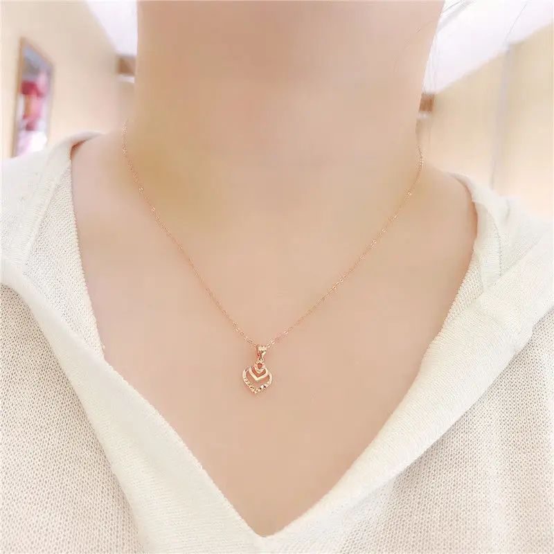 Colar de pingente de coração duplo 14K ouro rosa Clavícula Cadeia Jóias, 585, simples charme chapeado, design clássico, moda clássica