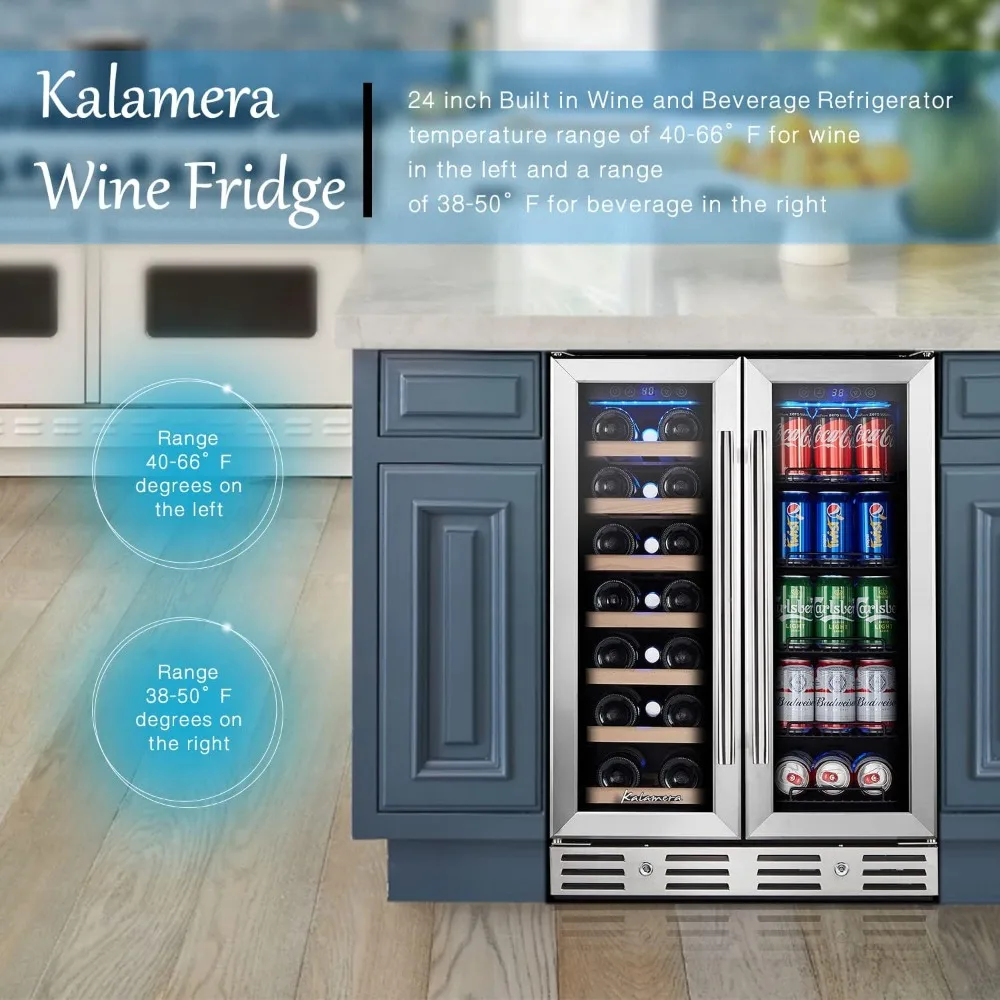 Kalamera Wine and Beverage Refrigerator, 24 inch Wine Fridge Dual Zone Hold 20 Bottles and 78 Cans, Digital Touch Control