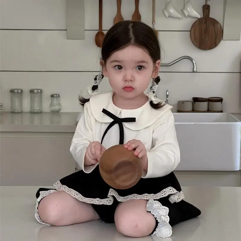 

2025 Autumn New Baby Long Sleeve T Shirts Cotton Girls Cute Bow Peter Pan Collar Bottoming Shirts Solid Infant Toddler Clothes