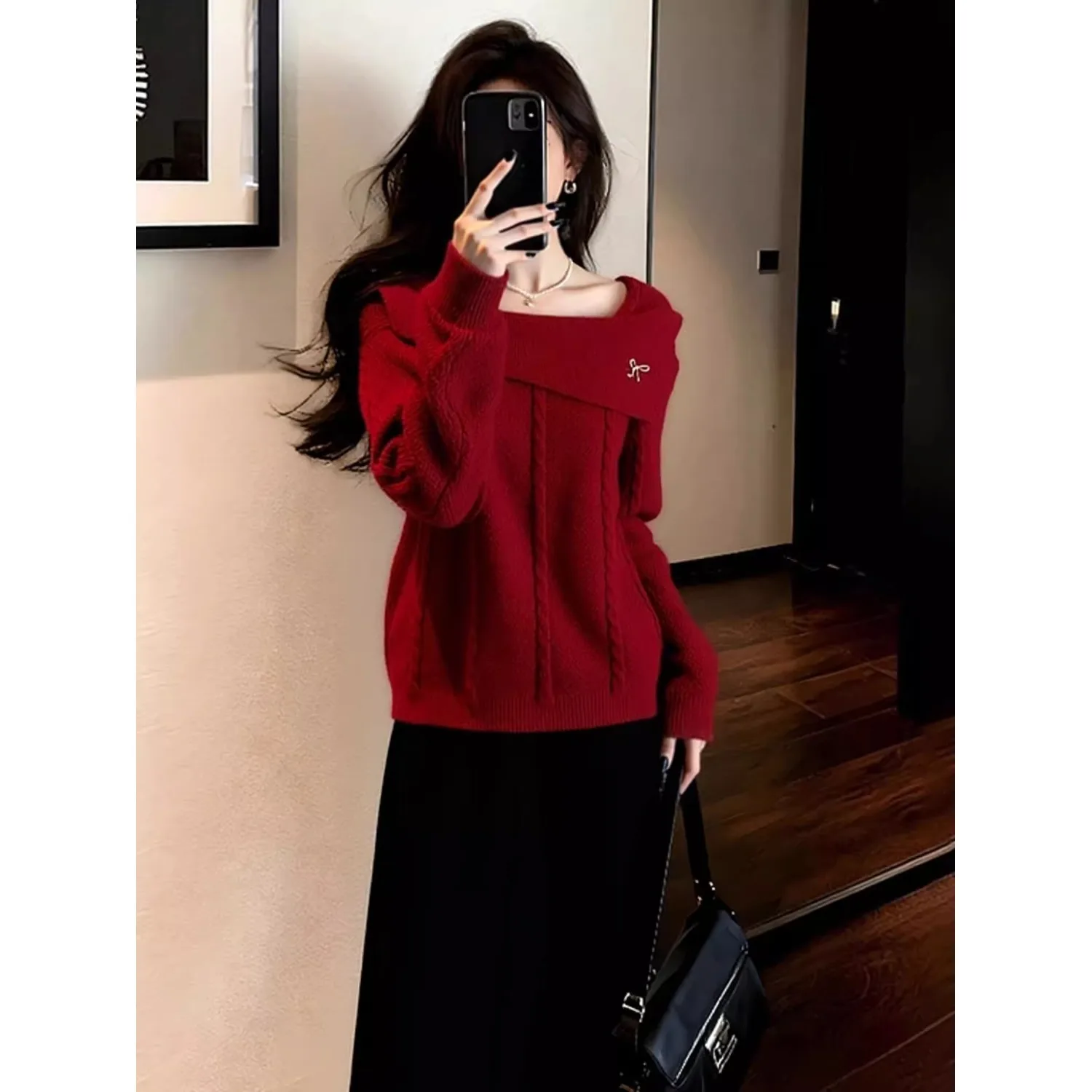 Suéter de punto rojo coreano Sle para mujer, Top cuadrado holgado Ne adelgazante, novedad de Otoño Invierno, Top antienvejecimiento Faion