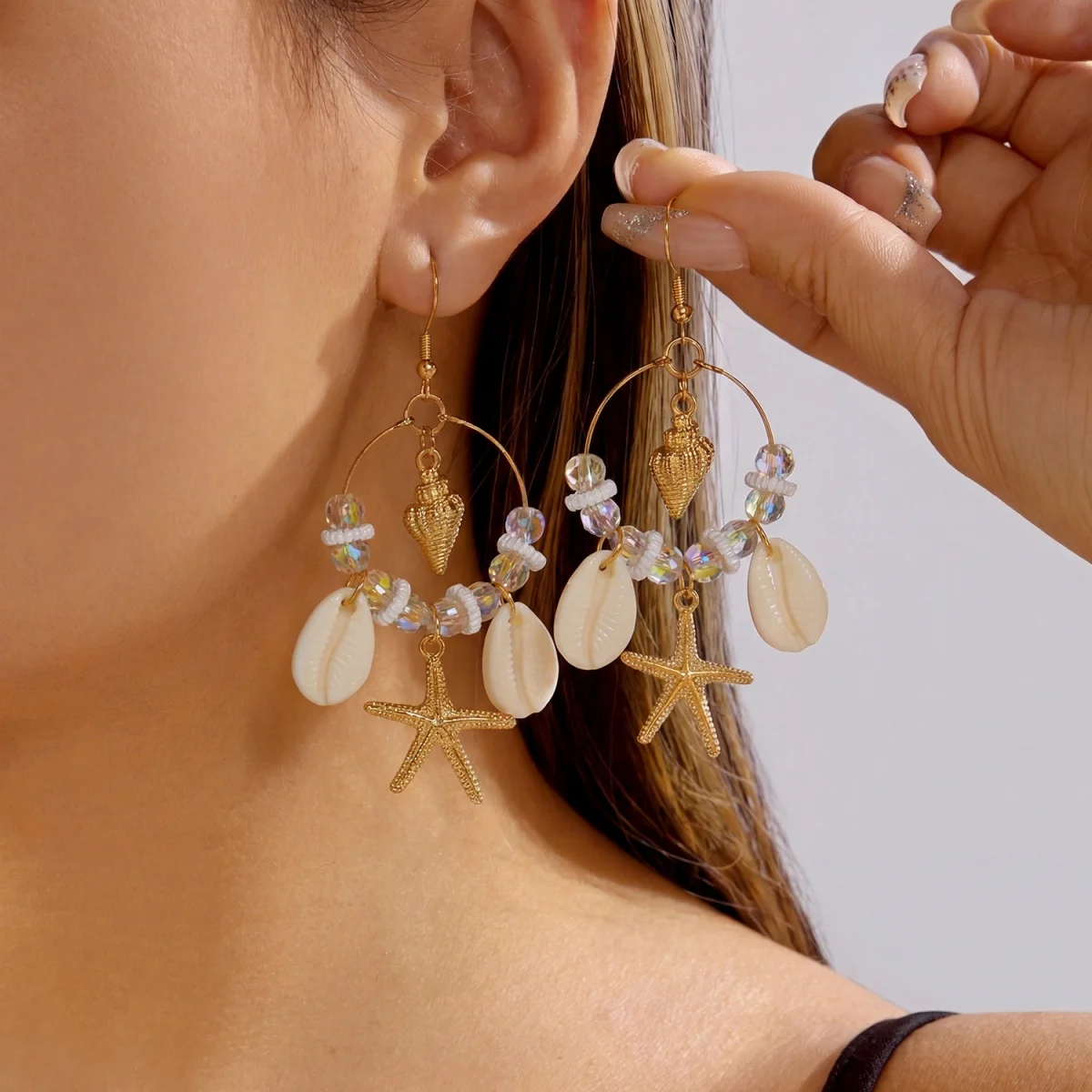 Kristall-Kreis Muschel Seestern Quasten-Ohrringe für Damen und Herren Boho Ozean Seepferdchen Ohrringe Trendiger Sommer-Strandschmuck – Detail 11