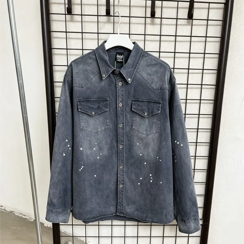 Gradual Fading Retro Washed Indigo Blue Saint Shirts Double Layered Shoulder Flip Collar Workwear Jacket Men Women Streetwear