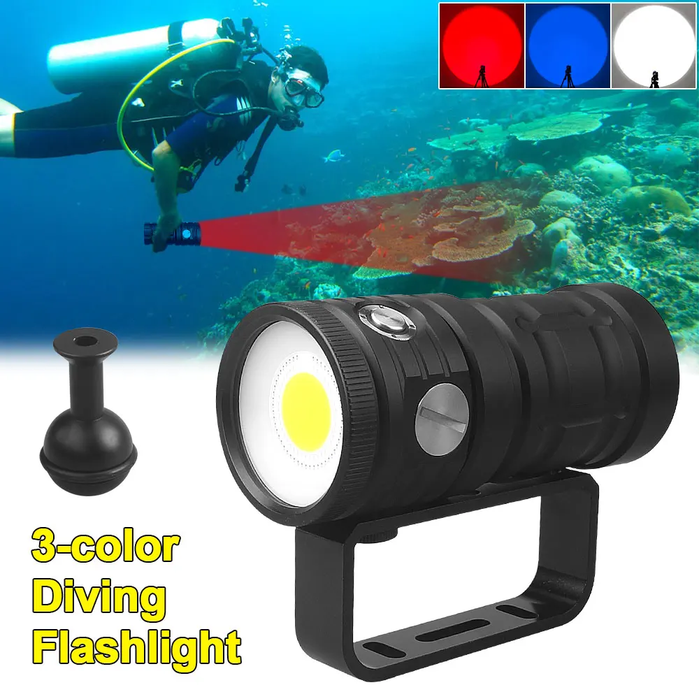 20000LM Powerful Scuba Diving Flashlight COB LED IPX8 100m Underwater Diver Light White/Blue/Red Glare Camera Video Fill Torch