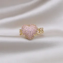 Anillo de amor de circón rosa de lujo chapado en oro de 14K para mujer, joyería de moda de nuevo diseño de Corea, accesorios de fiesta de apertura elegante