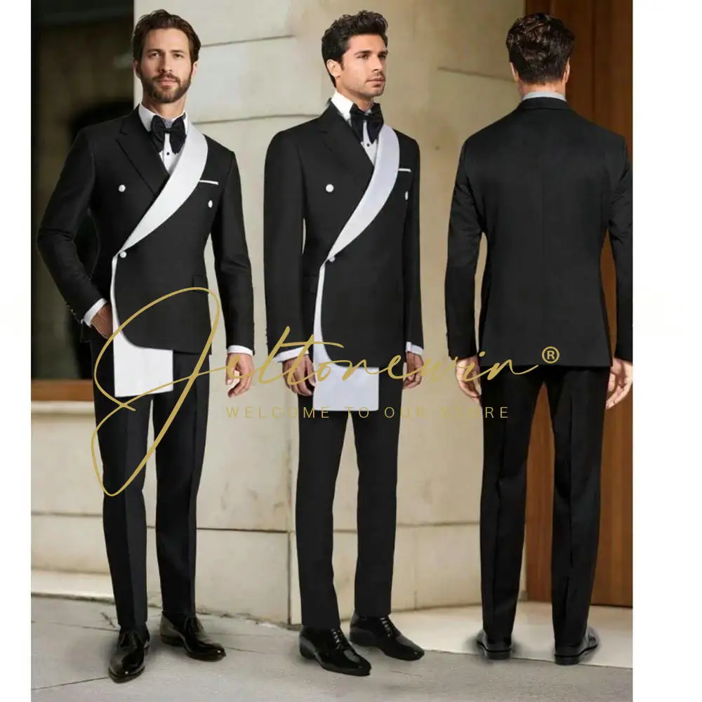 

Двубортные приталенные мужские костюмы на заказ, высококачественная черная куртка из двух предметов, брюки, модная свадебная мужская одежда