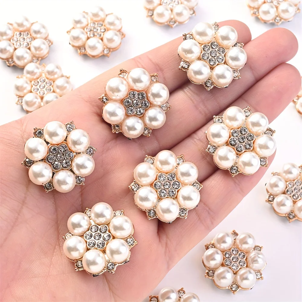 10pcs 26mm Faux Pearl Rhinestone Flower Design Charms Decorative Buttons For Hats Clothes DIY Handmade Decoration Accessories