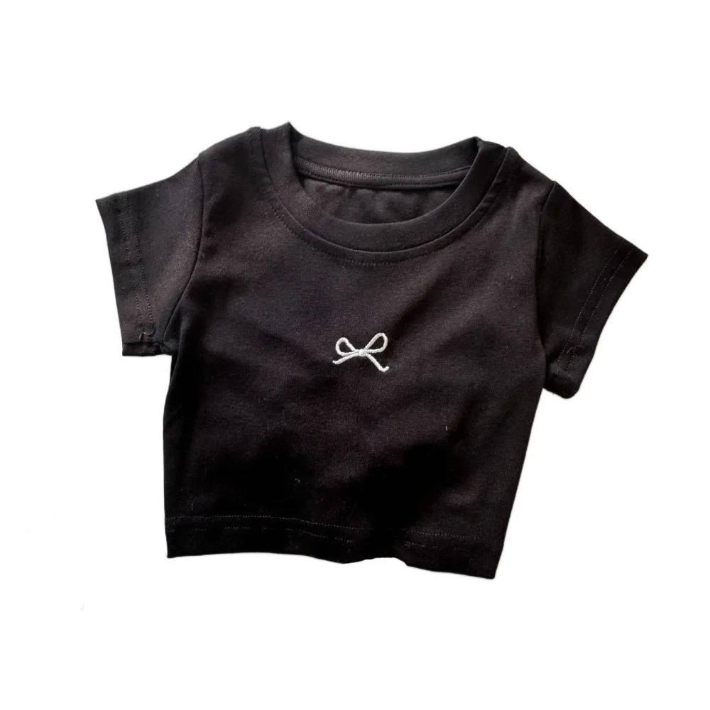

Simple Lace Up Teens Bow T-shirts Korean Style Short Sleeve Slim Crop Top Summer Sweet Girl's Top Children