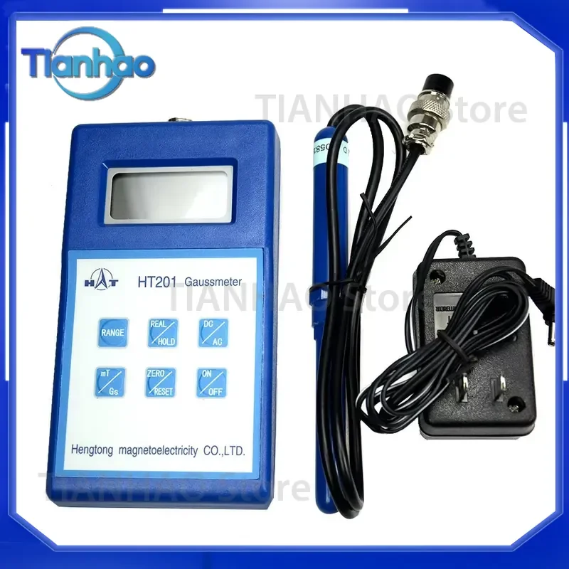 New Released Gauss Meter for Tesla Gauss Digital Magnetic Flux Meter AC DC 2000mT HT201 with Power Adapter