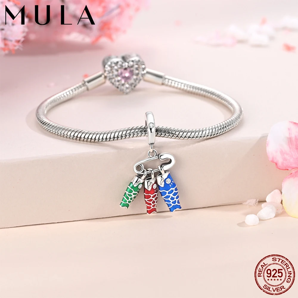

Mula 1Pc New 925 Silver Japanese Style Carp Flag Pendant Dangle Charms Fit Original Snake Chain Charm Bracelet DIY Making Gift