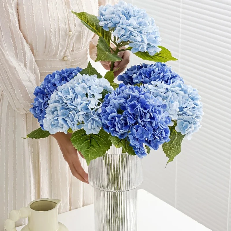 Blue Artificial Hydrangea Flowers Real Touch Green Artificial Hydrangea Branches Decoration Wedding Bouquet Flower Arrangement