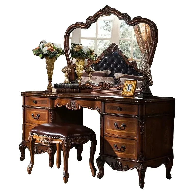 

Nordic Hollywood Chair Vanity Wood Storage Mirror Organizer Luxury Dressers Bedroom Makeup Seating Penteadeira Furniture Home