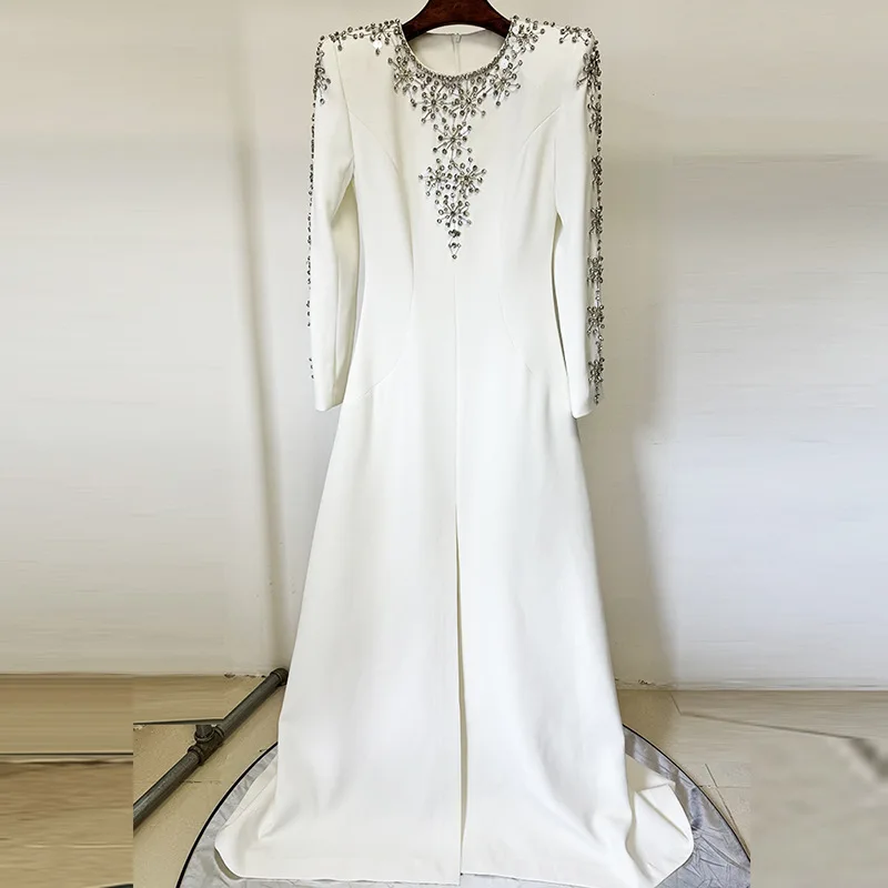 Design de luxo formal vestido de festa branco prata cristal vestidos de noite de casamento mangas compridas trompete sereia senhora vestidos de noite
