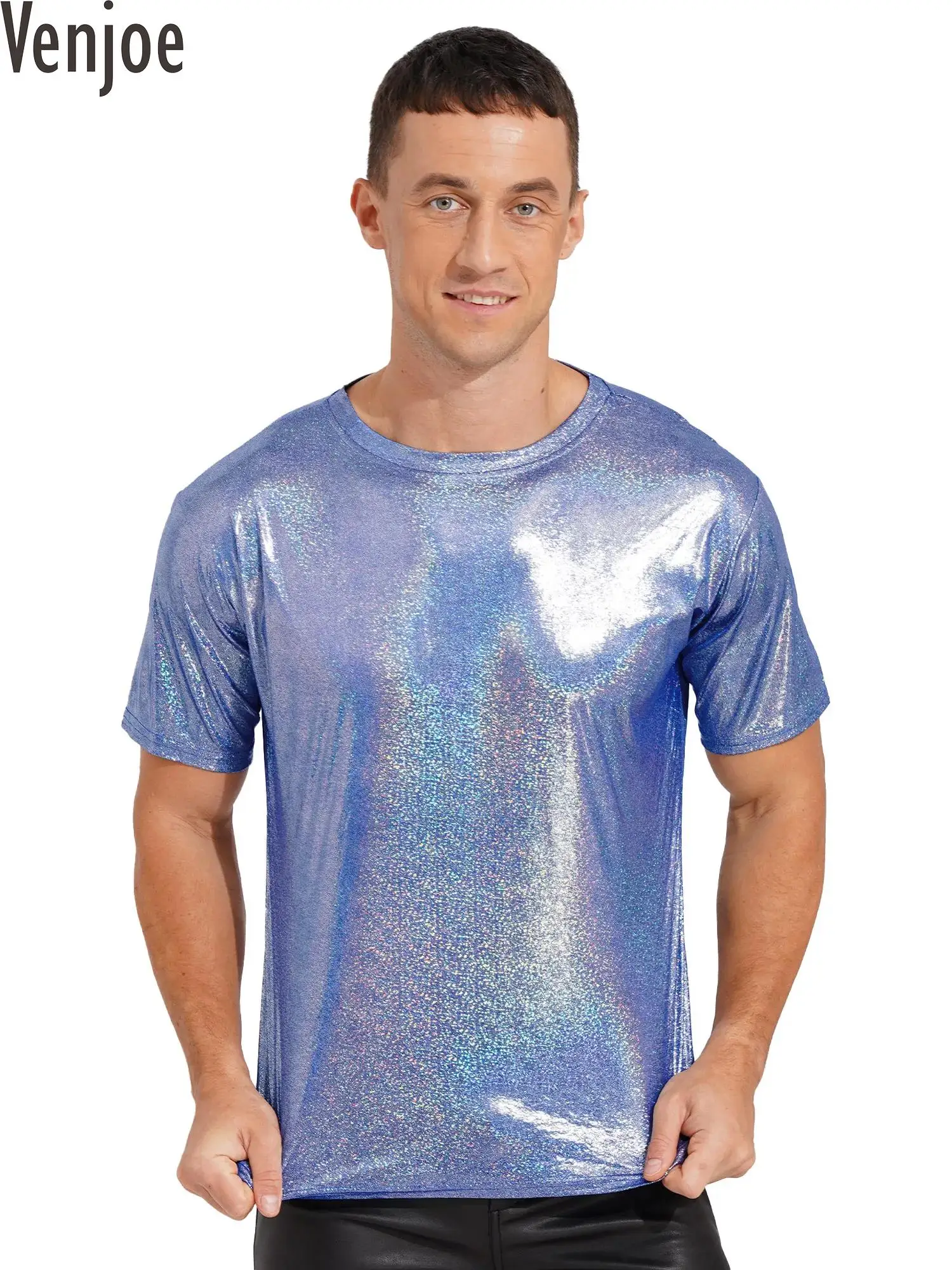 

Mens Shiny Short Sleeve T-shirt Casual Sparkling Round Neck Tank Tops Vest Disco Dance Top Music Festival Rave Party Clubwear