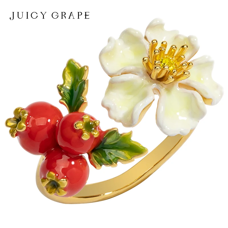 Luxury Enamel Flower Rings for Women Hawthorn Flower and Fruit Adjustable Ring Handcrafted 18K Gold Plated 2024 Trend Jewelry