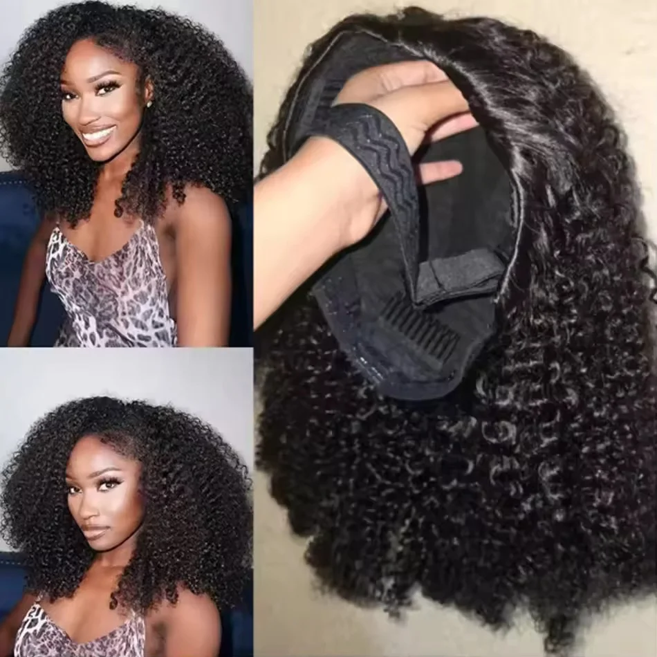 250% Half Wigs Human Hair Afro Kinky Curly Headband Wig Upgrade 3 IN 1 Half Wig With Drawstring Seamless Clip Ins Flip Over