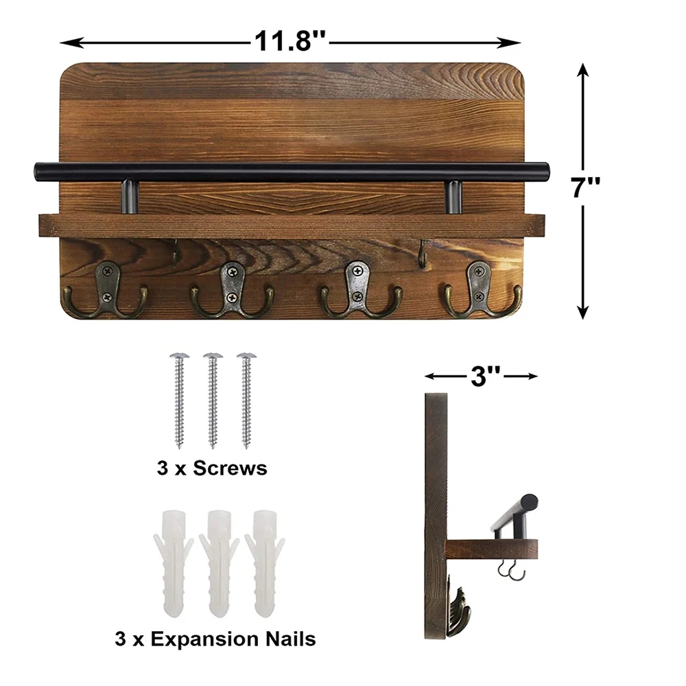 Imagem -03 - Porta-chaves Rústico para Fazenda Cabide de Parede Prateleira com Ganchos Duplos Porta-chaves Montado Organizador Decorativo de Madeira