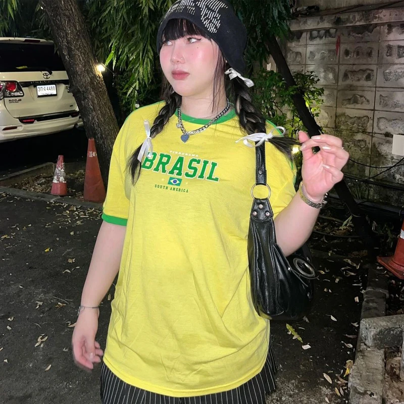 New Brazil Flag Yellow Y2k 00s Summer New Short Sleeve T-Shirt Women Basic Tee Shirt Women Casual V-neck Women Tshirt Female