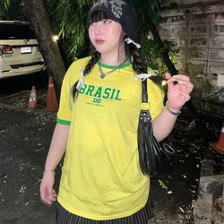 New Brazil Flag Yellow Y2k 00s Summer New Short Sleeve T-Shirt Women Basic Tee Shirt Women Casual V-neck Women Tshirt Female