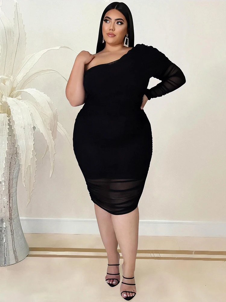 Woman Even Dress Chic and Elegant Plus Size Dresses Mesh One Shoulder Long-sleeve Sexy Short Dress Wholesale Bulk Dropshipping