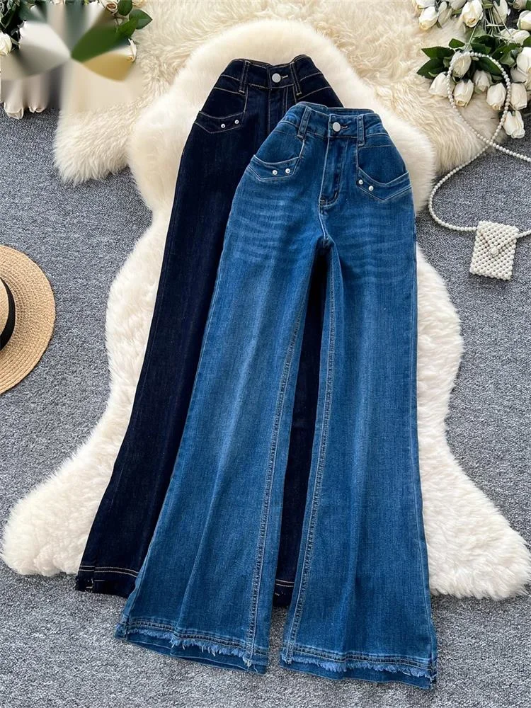 

Newest Denim Long Pants Women Rivet High Waist Skinny Trousers Trendy Y2K Vintage American Hotsweet Bootcut Jeans