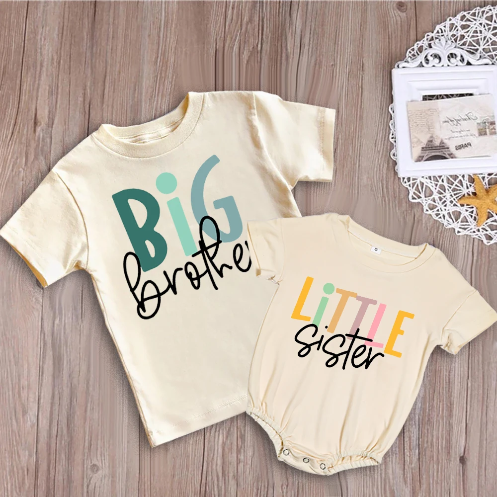 Big Brother Little Sister Print Family Matching Outfit Shirt Retro Sibling Tops Brother Sister T-shirt Baby Large Bubble Romper