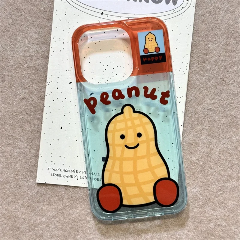 Durchscheinende, bonbonfarbene Erdnuss-Handyhülle mit großem Loch und braunem Handyband für iPhone 11, 12, 13, 14, 15, 16 Pro max – Detail 4