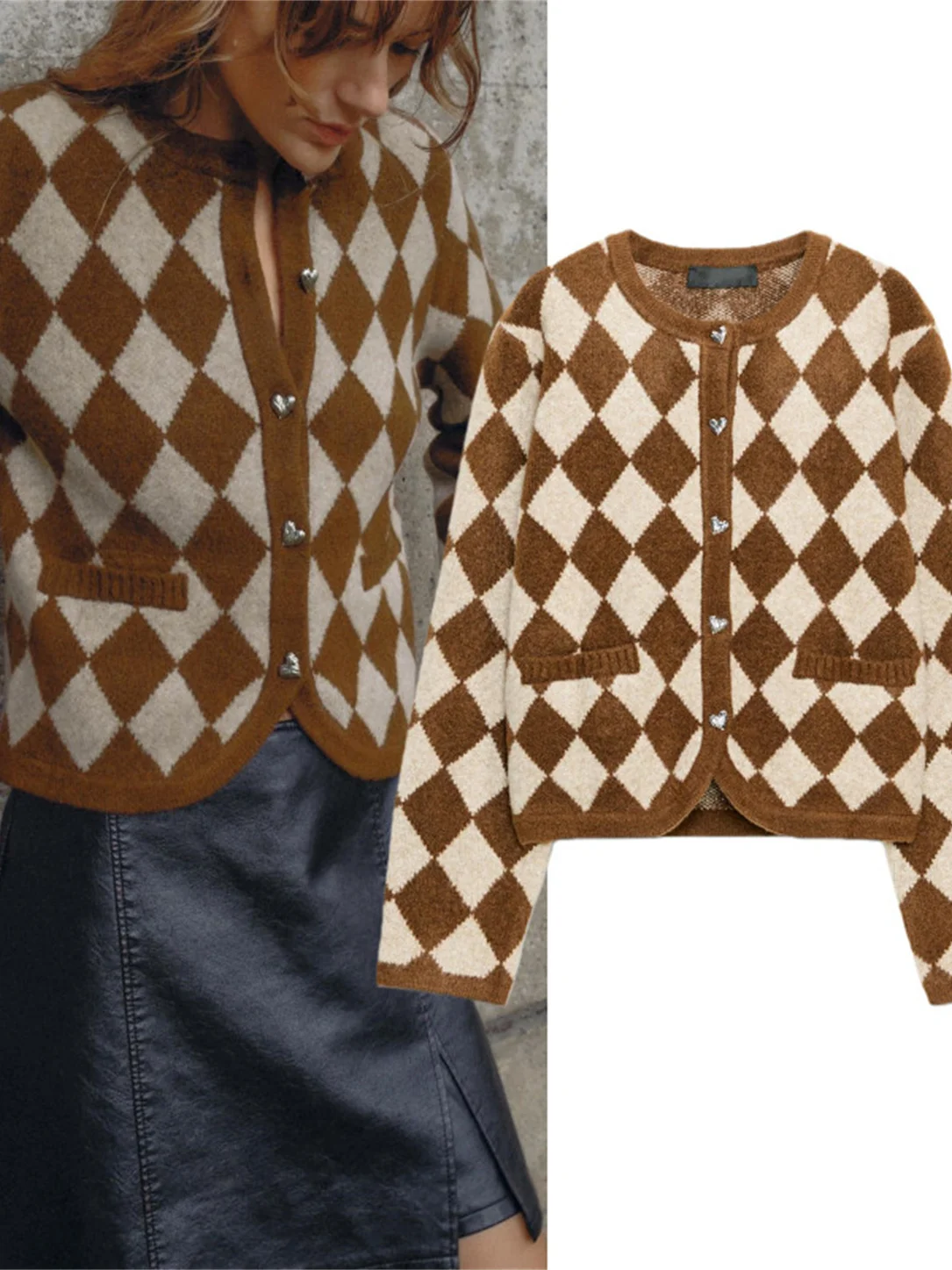 

Winter New Faion Simple Sle Knitted Long Sve round Ne Sweater Coat Diamond Pattern Embroidery Women's Cardigan Jaet