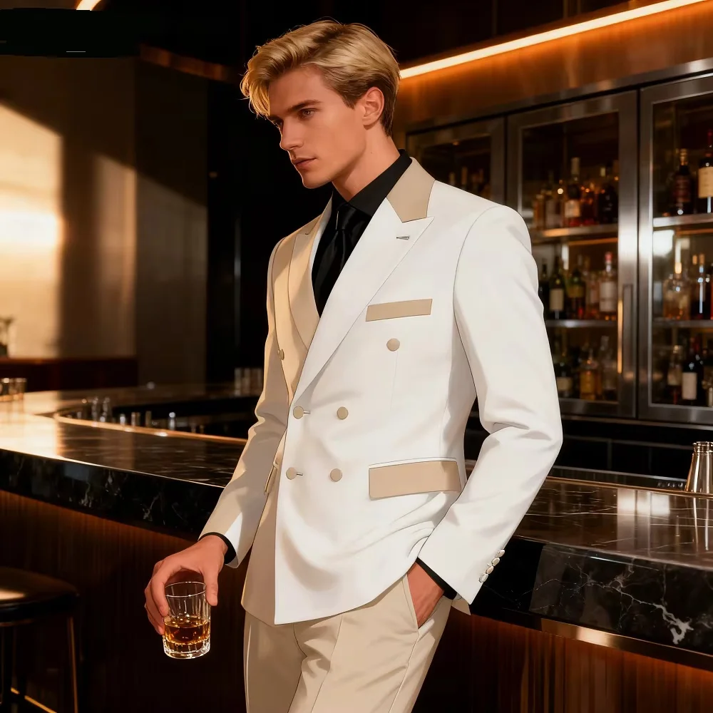 

Элегантный мужской свадебный костюм-двойка Slim Fit с острыми лацканами, бежево-белый, модный деловой смокинг для жениха, комплект из пиджака и брюк