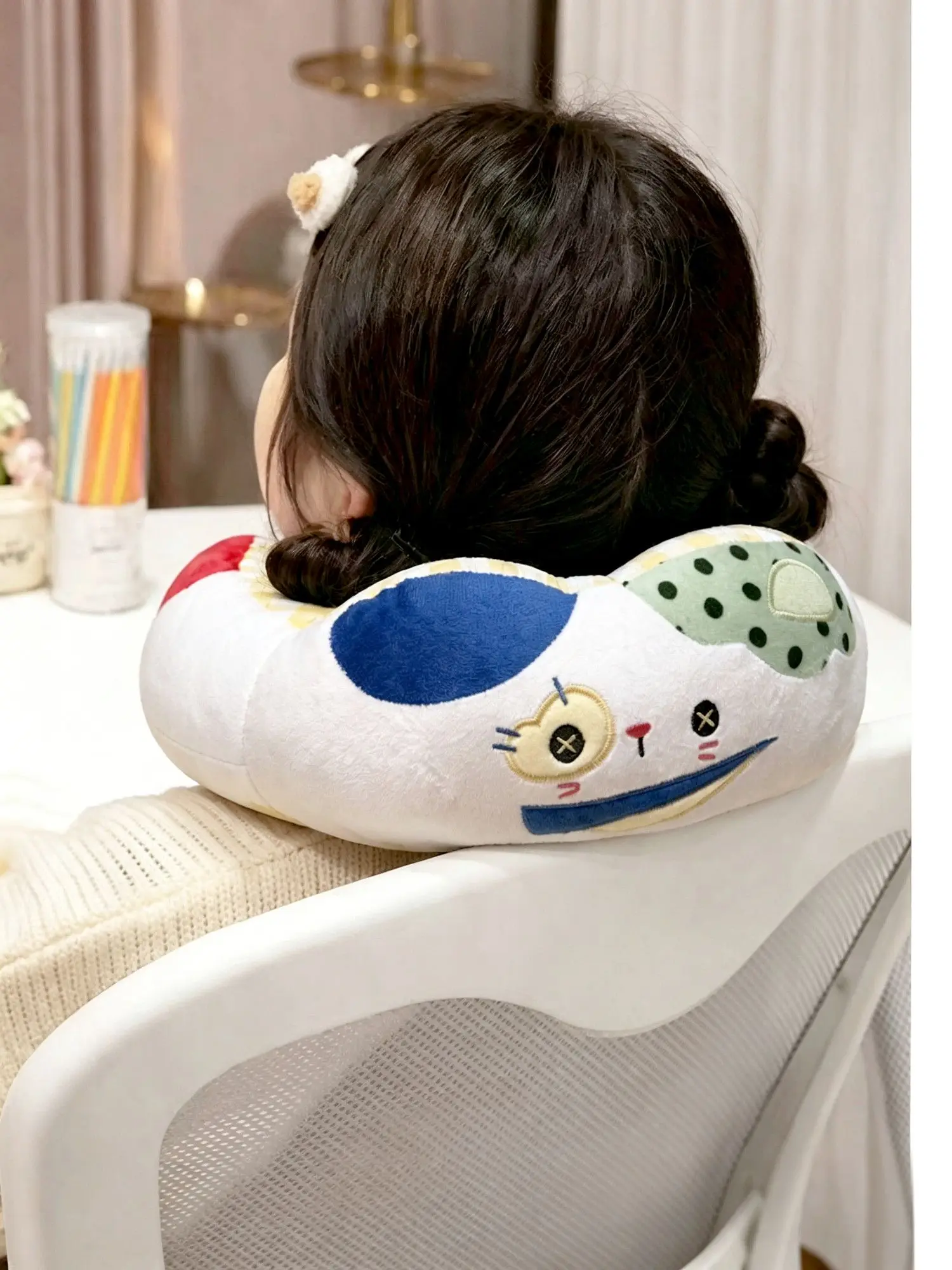 Patchwork Plaid Cat Hump U Shaped Travel Pillow Portable Neck Support Nap Cushion for Train Travel Student